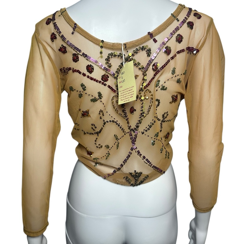 Cordelia Beaded Sheer Beige Blouse Crop Top S Tied New $138 - Picture 2 of 7